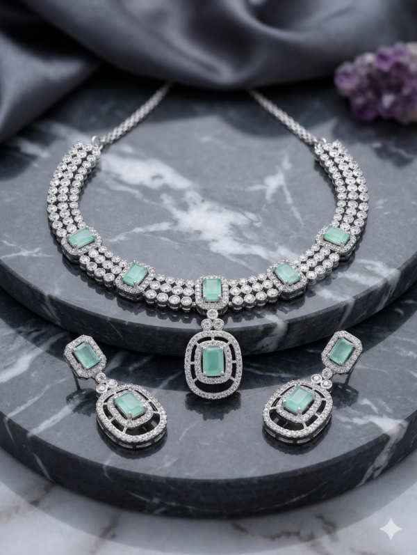 Luxury Mint Green and Cubic Zirconia Choker Necklace Set with Matching Drop Earrings – Elegant Multi-Strand Statement Bridal & Festive Jewelry for Women