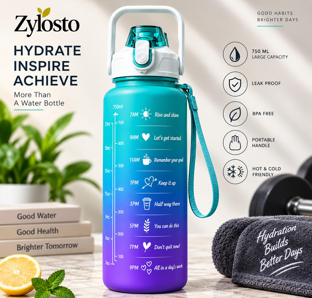 Zylosto 3-Piece Motivational Water Bottle Set for Women & Men | Gradient Sports Water Bottles with Time Marker, Leak-Proof Lid & Carry Handle | Reusable Gym, Fitness, Office, Travel & Outdoor Hydration Bottles