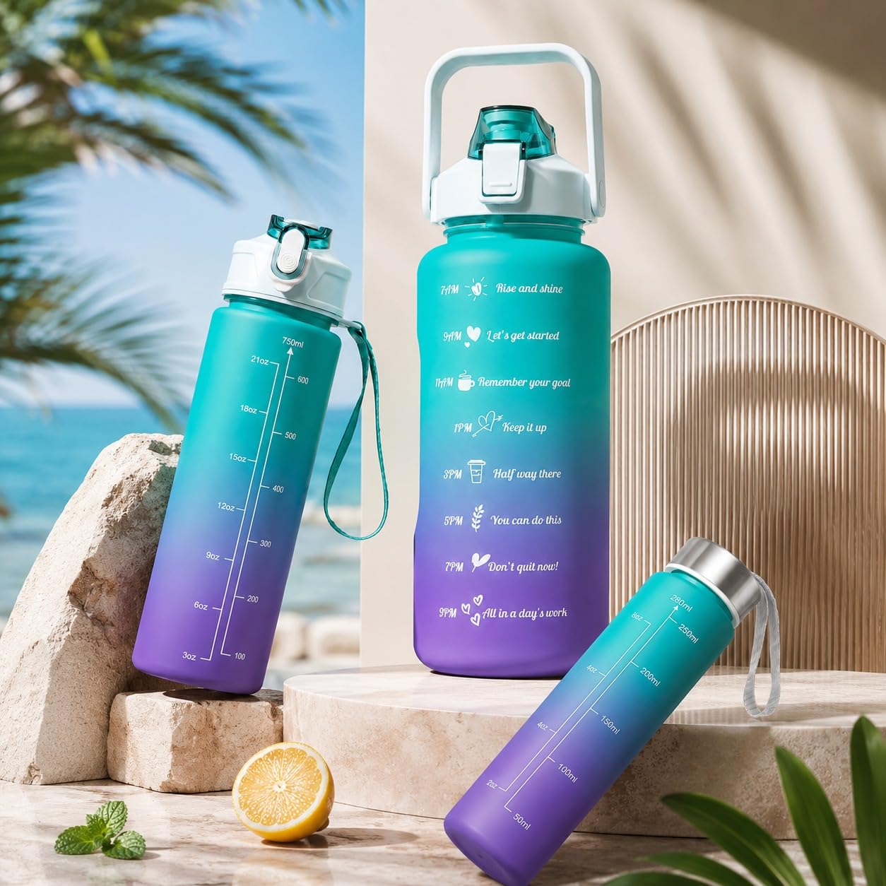 Zylosto 3-Piece Motivational Water Bottle Set for Women & Men | Gradient Sports Water Bottles with Time Marker, Leak-Proof Lid & Carry Handle | Reusable Gym, Fitness, Office, Travel & Outdoor Hydration Bottles
